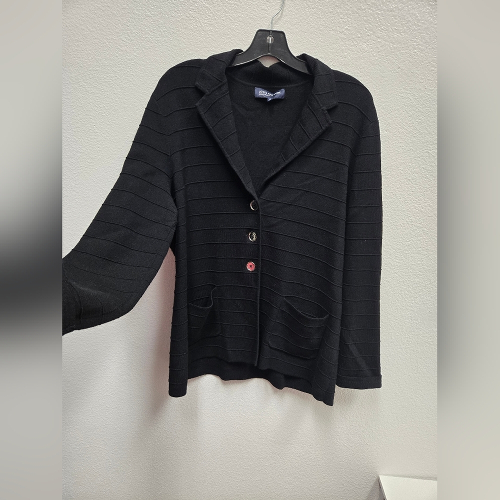 Jones New York Signature Black Ribbed Button-Up Cardigan Sweater-XL